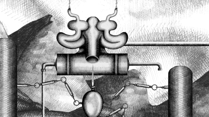 screen shot from Foodstuffs of pencil drawn machine pumping an organinc pipe